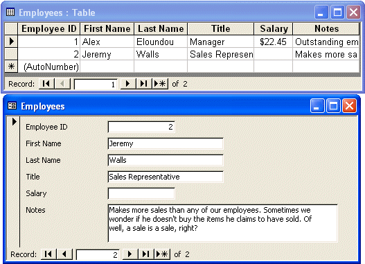 A form created using an Employees table